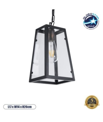 GLOBOSTAR® LIMA 01040 Vintage Κρεμαστό Φωτιστικό Οροφής με Ντουί 1 x E27 AC 220-240V IP20 - Μαύρο & Διάφανο - Μ17 x Π14 x Υ26cm